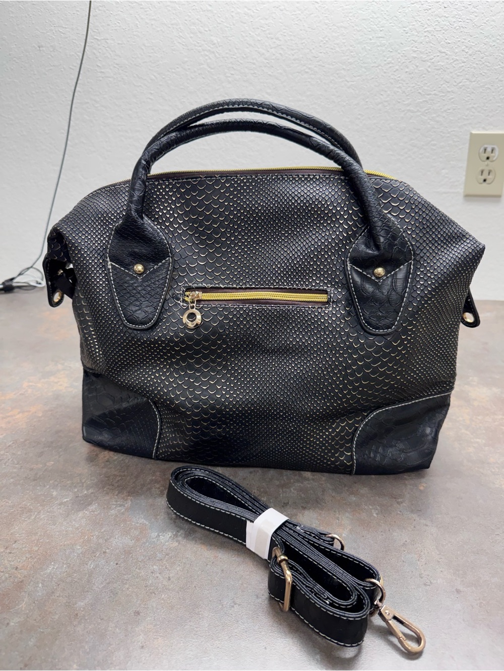 Black Textured Satchel Handbag with Gold Hardware